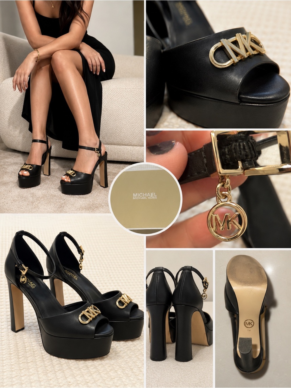 Michael Kors Black Leather Open-Toe Heels with Gold MK Emblem